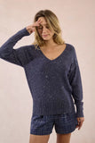 ZALE NAVY SILVER SEQUIN VNECK SWEATRE