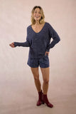 ZALE NAVY SILVER SEQUIN VNECK SWEATRE