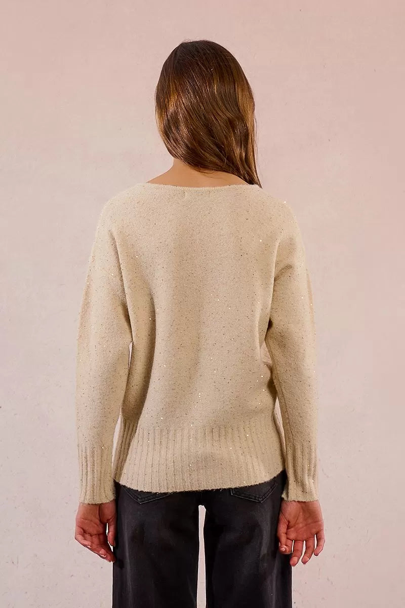 ZALE CREME GOLD SEQUIN VNECK SWEATER