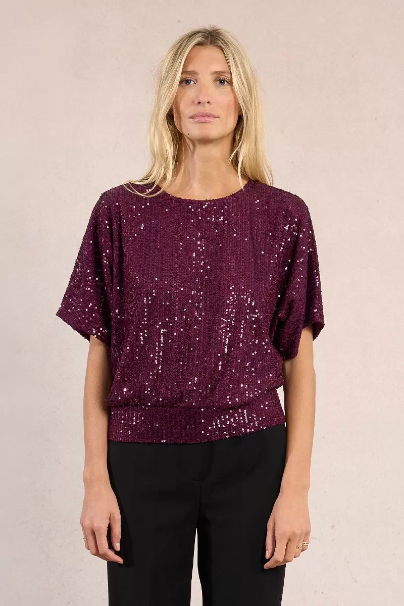JOANNES RASPBERRY SEQUIN SLIT BACK TOP