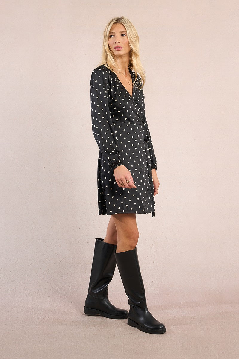 BLACK WHITE POLKA FULL WRAP L/S DRESS