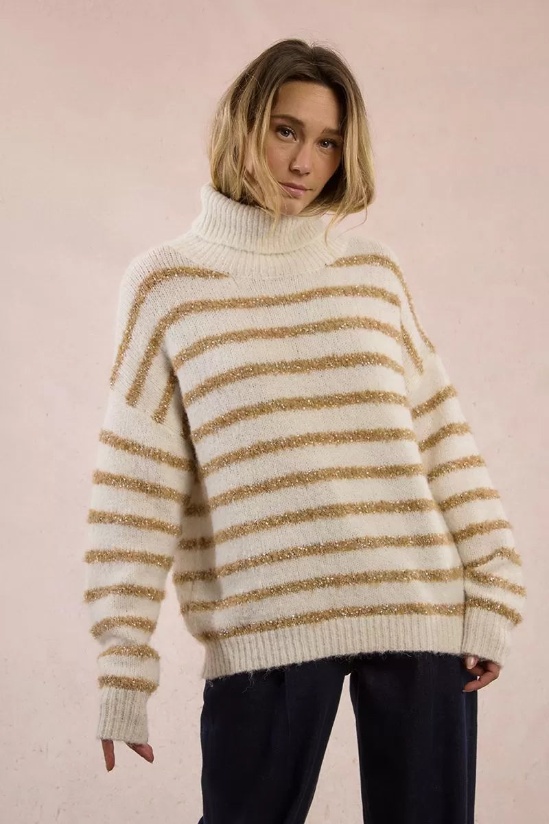 ECRU GOLD STRIPE TNECK SWEATER