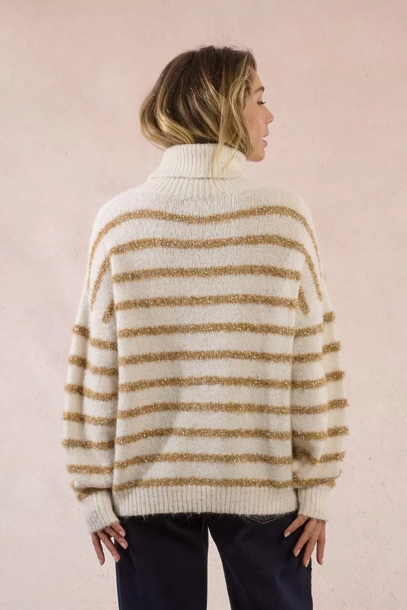 ECRU GOLD STRIPE TNECK SWEATER