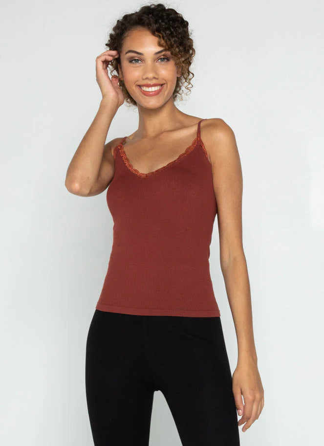 LACE TRIM BAMBOO RIB BRANDY TANK