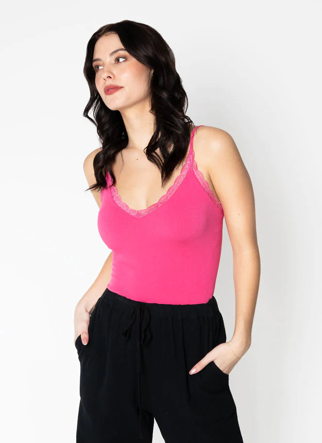 LACE TRIM FUCHSIA BAMBOO RIB TANK