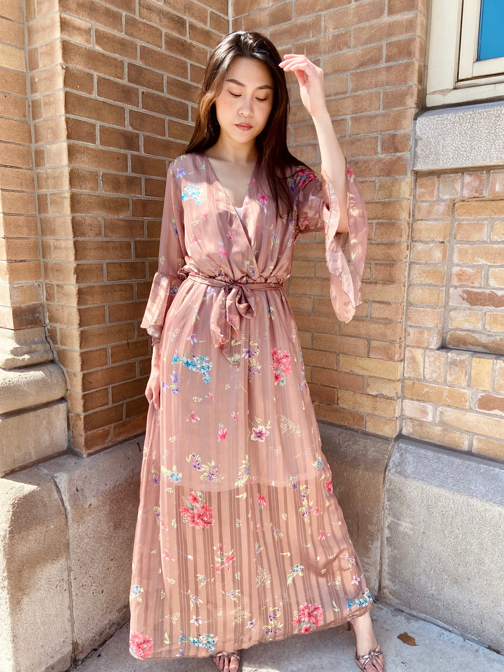 TAN LUREX FLORAL MAXI L/S