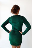 GREEN VELVET STRIPE COWL DRESS