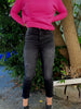 BLACK STRETCH DISTRESSED MOM JEANS